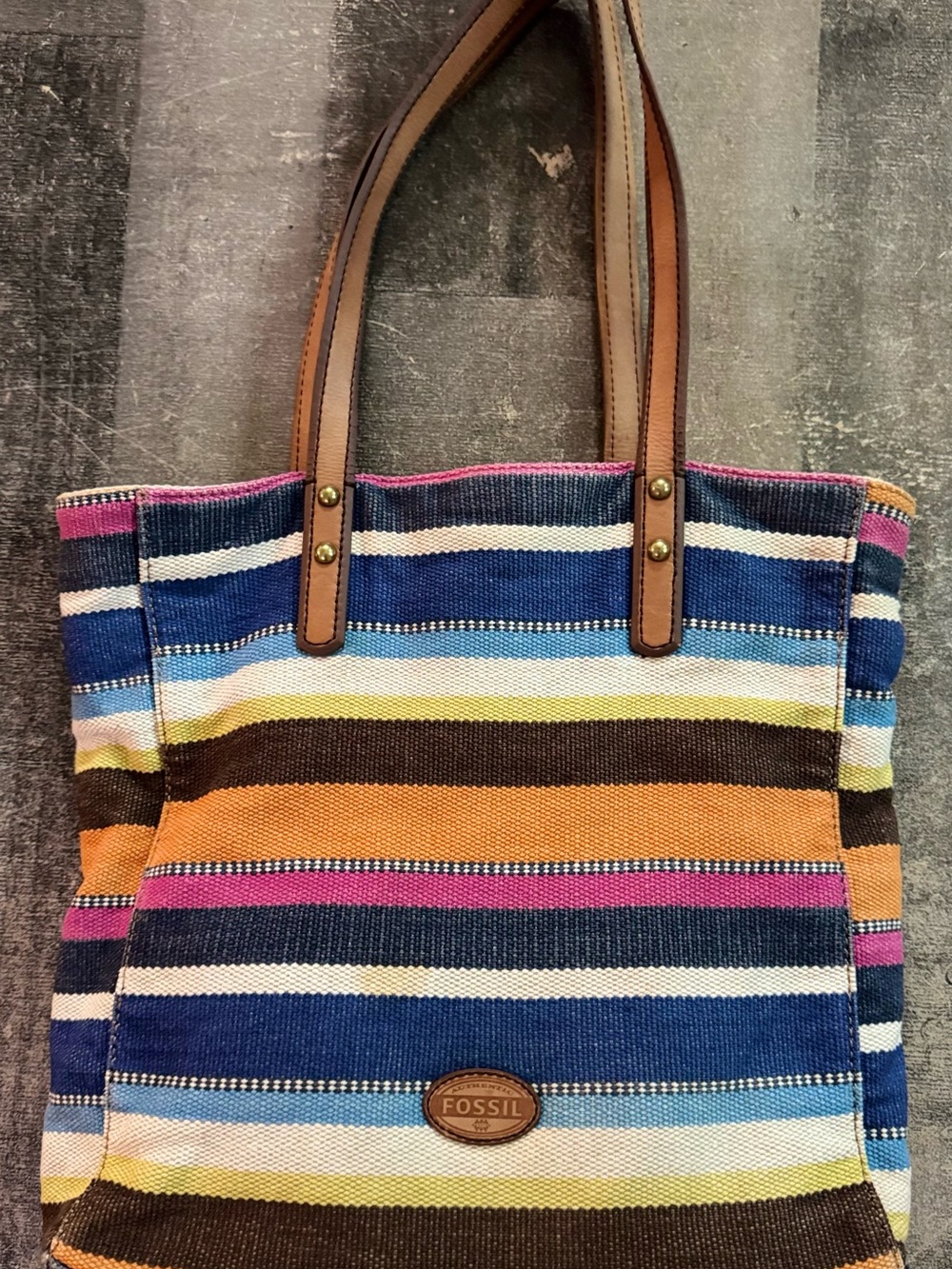 Vintage Fossil Multicolor Striped Canvas Tote with Tan Leather Handles